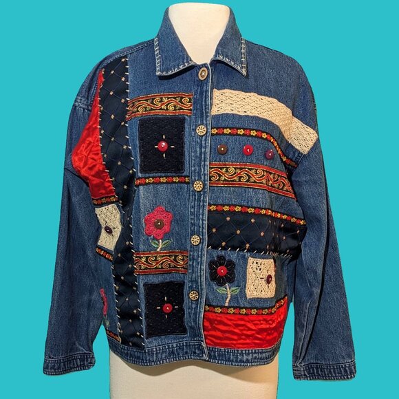 new directions Jackets & Blazers - New Directions Vintage Textured Patchwork Denim Jacket Size L Preowned